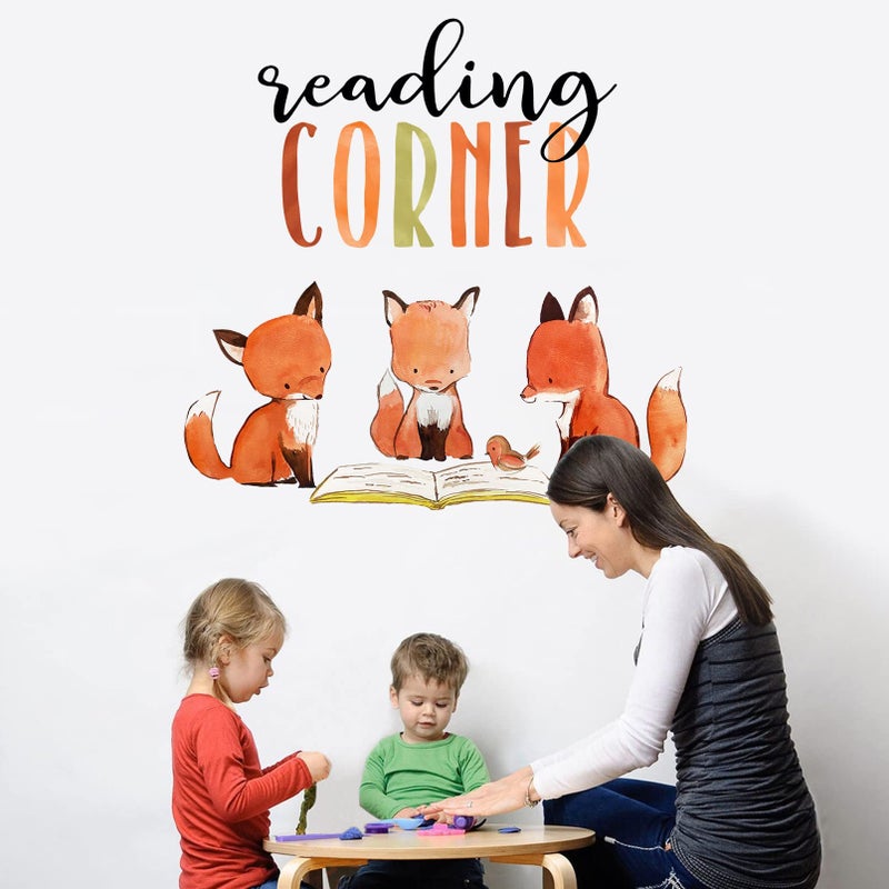 Mfault Foxes Reading Corner Baby Boys Girls Wall Decals Stickers, Removable Woodland Animals Read Books Nursery Playroom Decorations Bedroom Classroom Art, Bird Kids Library Toddler Room Decor - Image 5